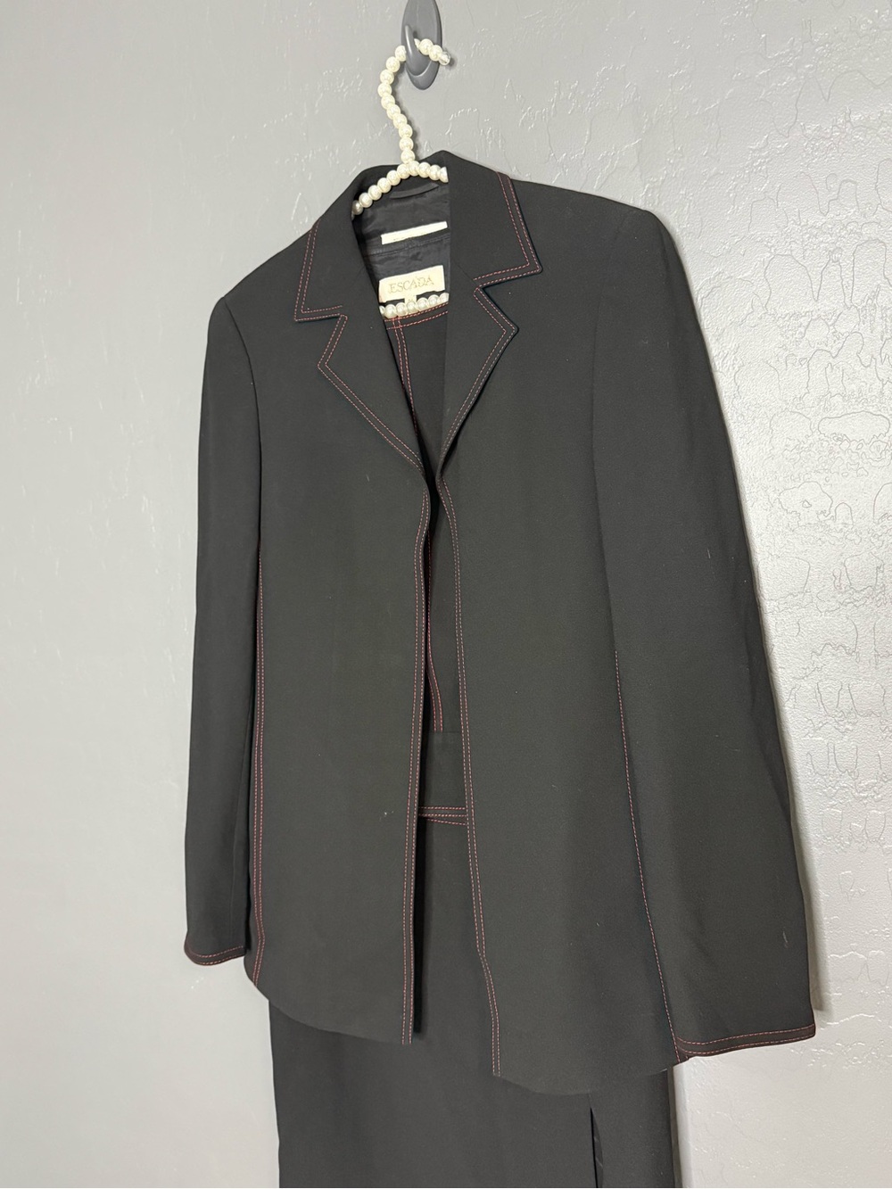 Escada Black Tailored 3 Piece Suit with Contrast Stitching  with High Slit Skirt